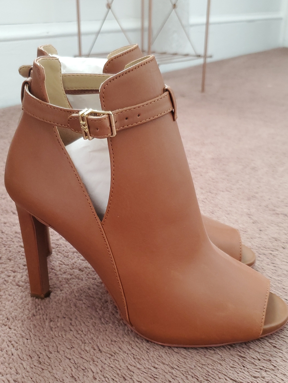 MICHAEL Michael Kors Peep-Toe Ankle Booties with Gold Buckle